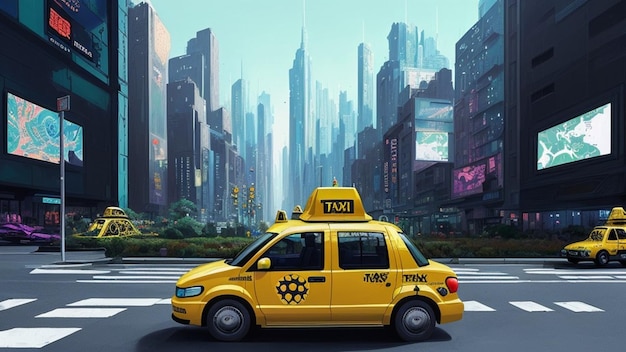 Taxi jaune dans un monde futur de ville futuriste
