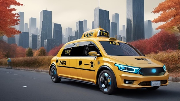 Taxi jaune dans un monde futur de ville futuriste