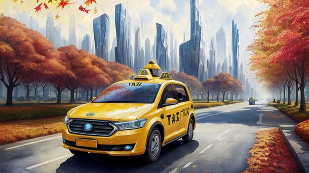 Un taxi jaune dans une ville futuriste du monde futur