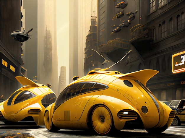 Taxi jaune futuriste parmi les grandes villes et les gratte-ciel Concept de technologie de transport et d'innovation AI générative