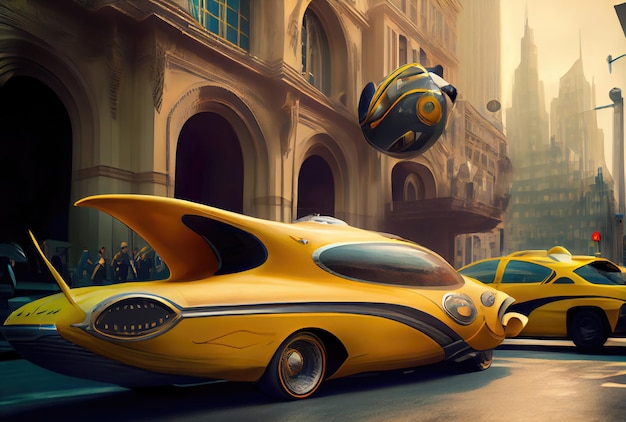 Taxi jaune futuriste parmi les grandes villes et les gratte-ciel Concept de technologie de transport et d'innovation AI générative