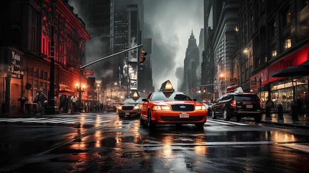Taxis en noir et blanc et en rouge sur la rue de New York Vue nocturne de la ville