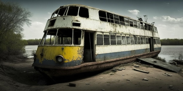 Tchernobyl Ukraine un ferry abandonné sur la rivière Pripyat