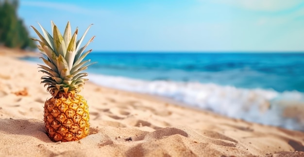 Été de composition sur la plage de sable avec la mer bleue d'ananas comme fond avec l'espace de copie