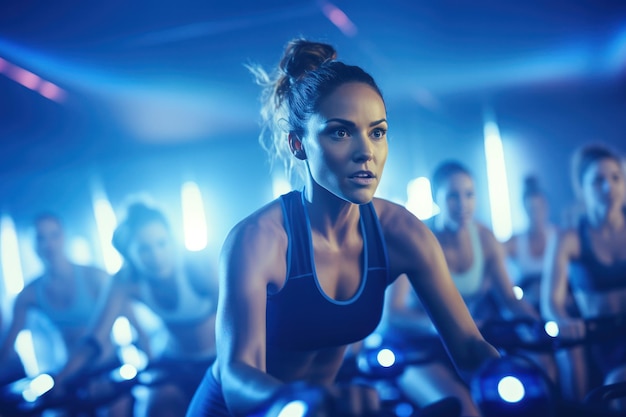 Photo team fitness group bicycle tacking engagé dans des entraînements de haute intensité sous des lumières vives