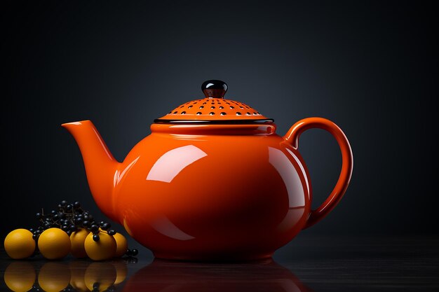 Teapot orange rendu en 3D sur gradient rouge-noir