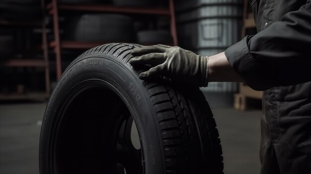Le technicien automobile est prêt à changer des pneus et tient un pneu Generative Ai