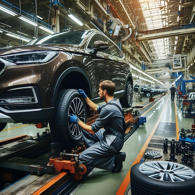 Technicien automobile qualifié qui monte des pneus sur une voiture dans une usine de véhicules modernes Mécanicien automobile