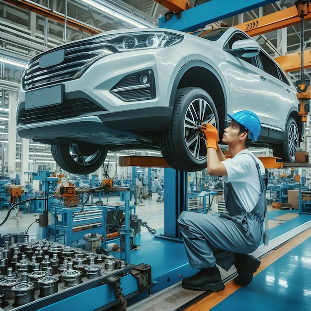 Technicien automobile qualifié qui monte des pneus sur une voiture dans une usine de véhicules modernes Mécanicien automobile