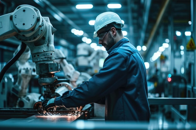 Technicien et collègue travaillant avec un bras robotique