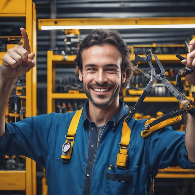 Technicien en combinaison bleue avec des outils sur jaune souriant joyeux montrant le numéro cinq avec les doigts