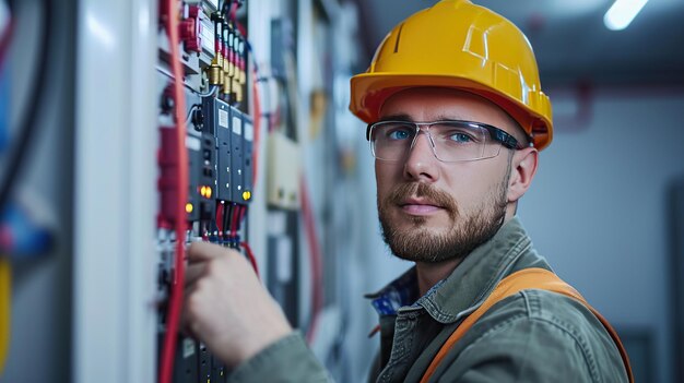 Photo un technicien concentré inspecte attentivement les équipements électriques qui incarnent la précision et l'expertise dans