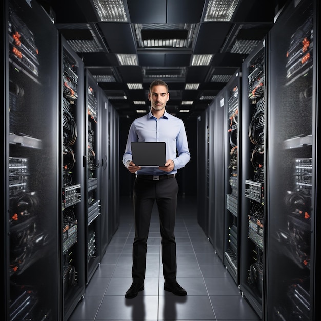 Un technicien dans une salle de serveurs