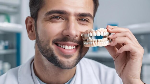 Un technicien dentaire tenant un modèle de mâchoire dentaire sur un fond blanc