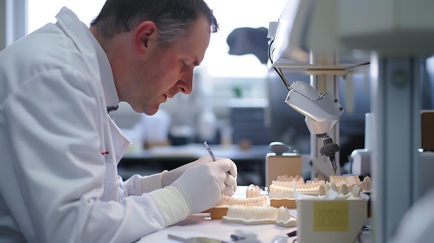 Photo un technicien dentaire travaille sur un ensemble de prothèses dentaires dans un laboratoire dentaire