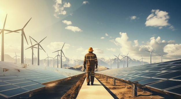 Photo technicien en énergies renouvelables marchant entre les panneaux solaires et les éoliennes