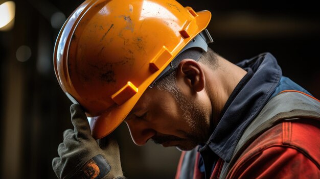 Le technicien d'entretien travailleur la tête vers le bas tenant le chapeau dur le travailleur fatigué avec un chapeau jaune génératif ai