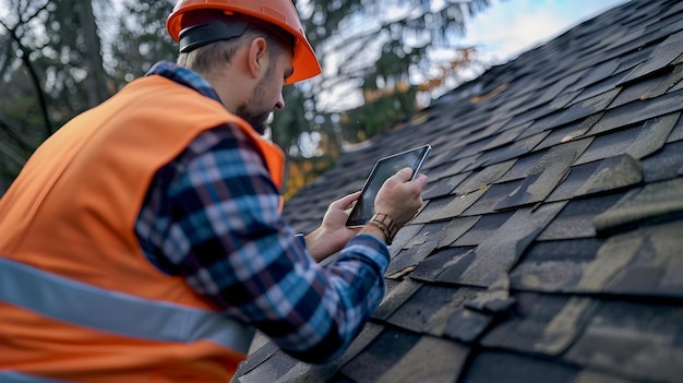 Photo technicien évaluant les dommages au toit via une application de tablette de réalité augmentée pour la construction et l'entretien des infrastructures