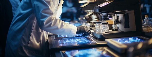 Un technicien examine le contenu des plaques de pétri au microscope en déchiffrant des énigmes scientifiques