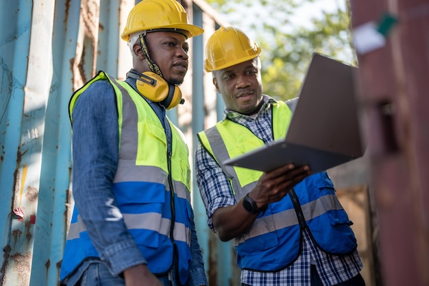 Technicien ingénieur africain tenant un ordinateur portable pour vérifier et inspecter sur place la zone des conteneurs