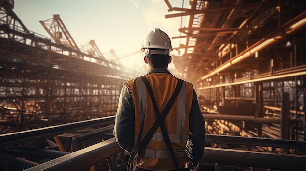 un technicien ingénieur observant une équipe de travailleurs sur une grande plate-forme en acier Les techniciens ingénieurs examinent et analysent des projets de construction inachevés