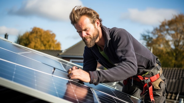 Technicien ingénieur ouvrier homme travaillant avec des panneaux solaires sur le toit d'une maison Concept de renouvellement