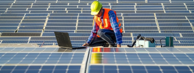 Technicien ingénieur utilisant un ordinateur portable vérifiant et le système d'exploitation sur le toit d'une ferme de cellules solaires p