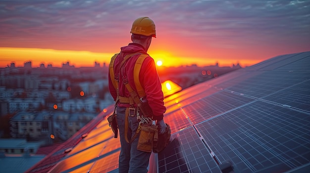 Technicien installant des panneaux solaires au coucher du soleil sur un toit urbain