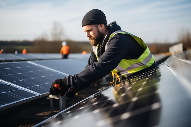 Technicien installant des panneaux solaires sur une centrale photovoltaïque