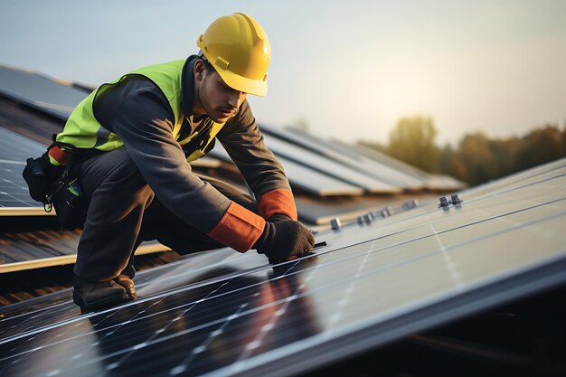 Technicien installant des panneaux solaires sur une centrale photovoltaïque