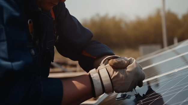 Technicien installant des panneaux solaires sur un toit dans une centrale solaire ai générateur