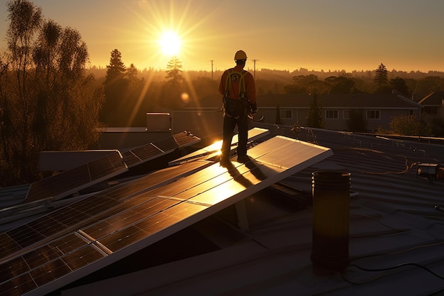 Technicien installant des panneaux solaires sur un toit sous un ciel bleu vif portant un équipement de sécurité w