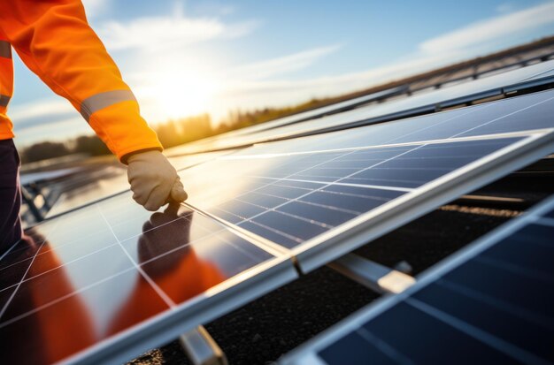 Technicien installant des panneaux solaires sur le toit