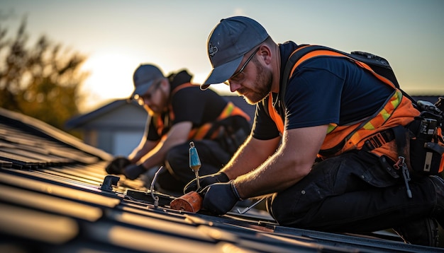 Technicien installant des panneaux solaires sur le toit