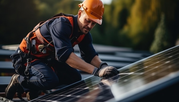 Technicien installant des panneaux solaires sur le toit