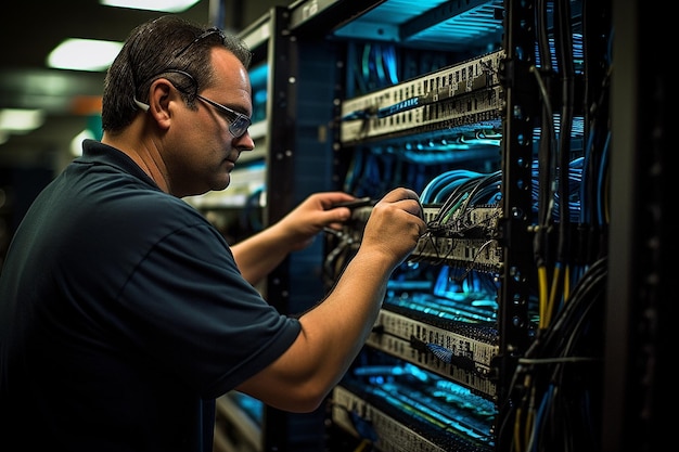 Technicien installant un rack de montage de serveur