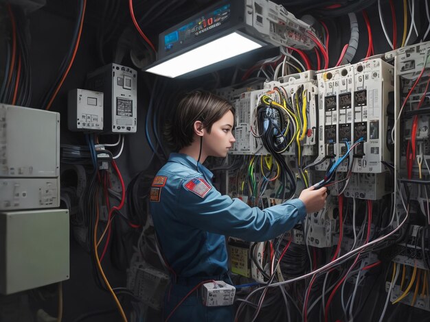 Un technicien installe des câbles Internet à fibre optique dans une salle de serveur Un jeune spécialiste travaille avec Communi