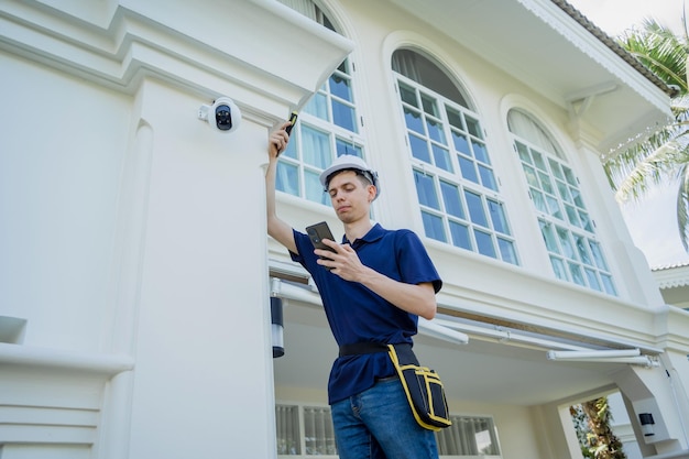 Un technicien installe une caméra CCTV sur la façade d'un immeuble résidentiel