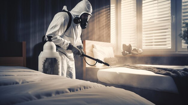 Photo un technicien de lutte contre les ravageurs en tenue de protection fumigant une chambre à coucher