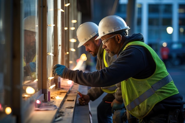 Technicien masculin mesurant le cadre de la fenêtre lors d'une construction