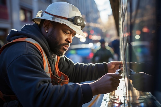 Technicien masculin mesurant le cadre de la fenêtre lors d'une construction