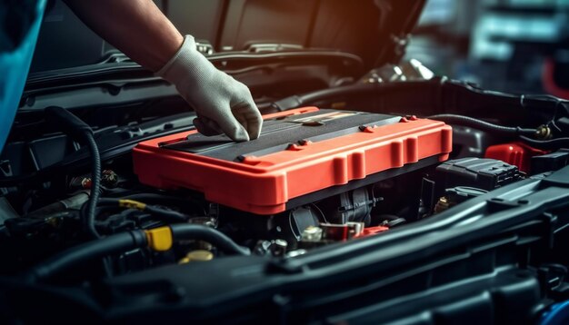 Photo technicien mécanicien d'automobile travaillant à la réparation d'automobiles technicien de réparation de batteries électriques de service