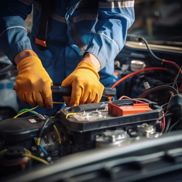 Photo technicien mécanicien d'automobile travaillant à la réparation dans la réparation d'automobiles service batterie électrique maintenance