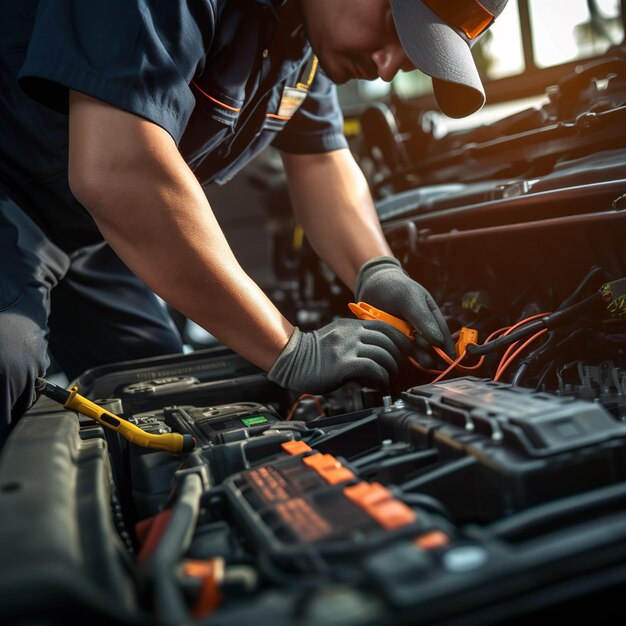 Photo technicien mécanicien d'automobile travaillant à la réparation dans la réparation d'automobiles service batterie électrique maintenance