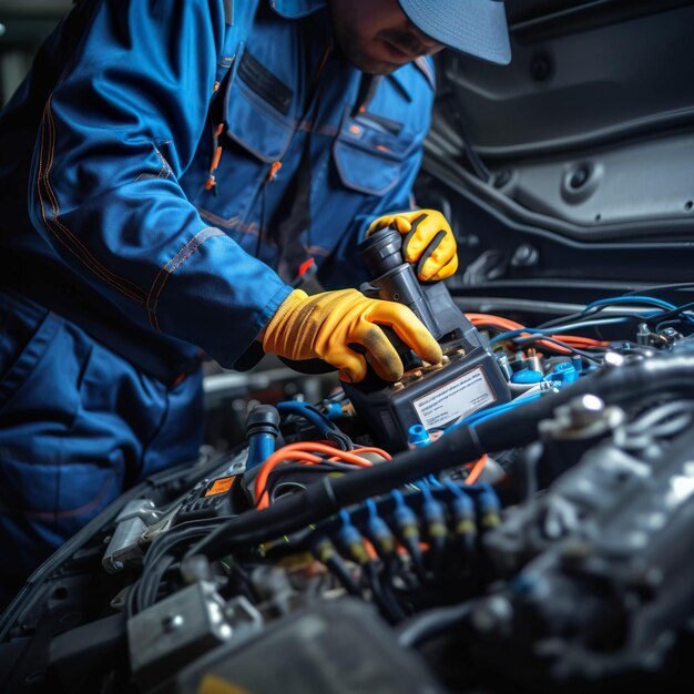 Photo technicien mécanicien d'automobile travaillant à la réparation dans la réparation d'automobiles service batterie électrique maintenance