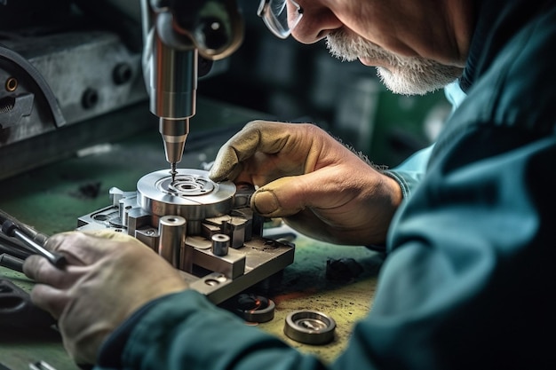 Un technicien en mécanique mesure les mains de l'outil de détail après le traitement à l'atelier Generative AI