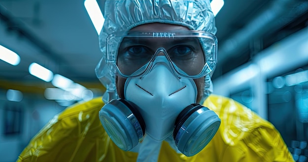 Un technicien nucléaire en combinaison de protection équipement de surveillance dans une installation nucléaire photoréaliste arrière-plan en couleur solide