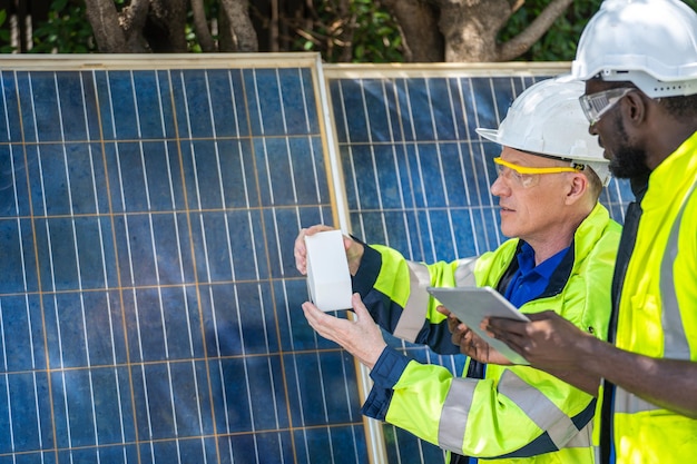 Technicien ouvrier d'usine ingénieur hommes montrant un panneau de cellules solaires pour une technologie durable