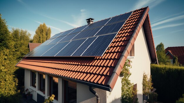 Photo un technicien de panneau solaire installe des panneaux solaires sur un toit