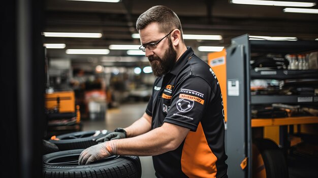 Technicien remplaçant un pneu dans un garage